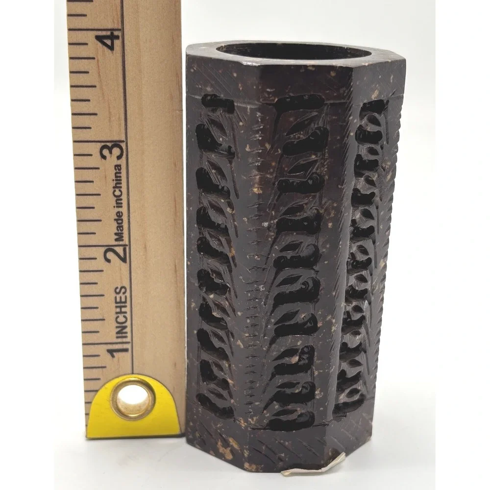Hand Carved Soapstone Pen Stand Pierced Botanical Hexagon Dark Stone Vase 4in